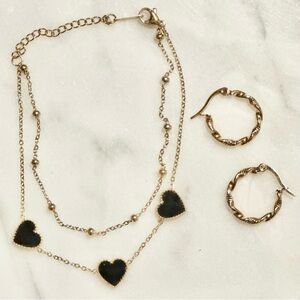 NEW Gold Tone Black Enamel Heart Double Layer Bracelet and Hoop Earring Set